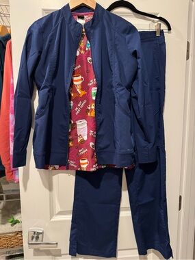 XS 3Pc Scrub Set Chip n’ Dale But Coffee First Healing Hands Navy Pants & Jacket